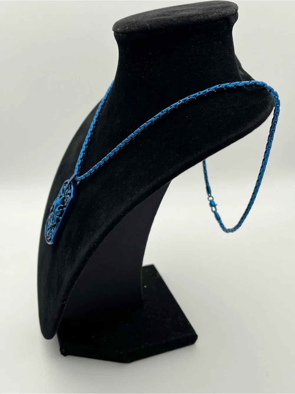 Unisex, 22” Stainless Steel Blue Filigree Dog Tag Necklace